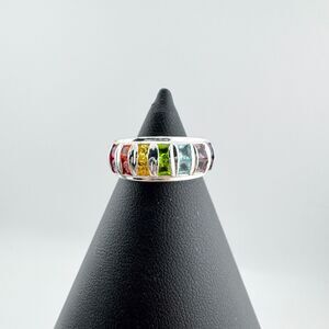 Vintage Rainbow Rhinestone Ring 925 Sterling Silver Band Y2K Pride Statement